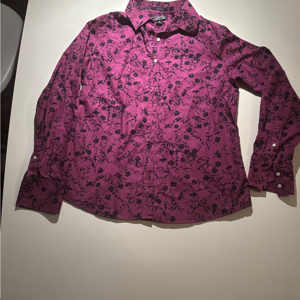 Lands' End Women's Purple Floral Button Down Shirt